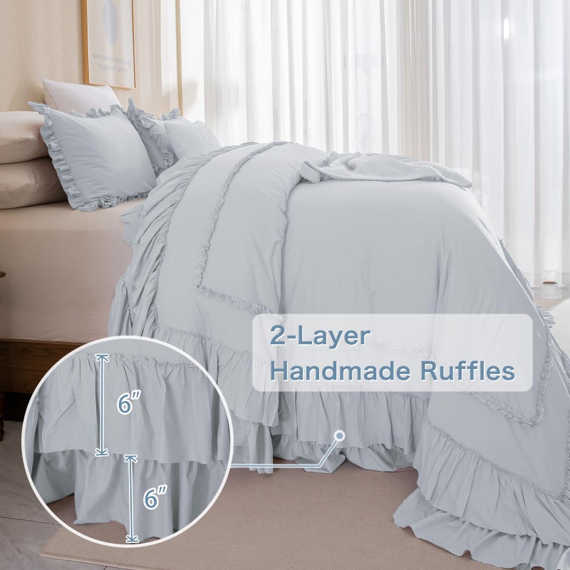 Masaca Oversized King Comforter 128x120 3 Pieces Vintage Farmhouse Ruffled Bedding Comforter Set Lightweight Ultra Soft French Country Bedding (1 Light Blue Ruffle Comforter +2 Pillowcases) - Image 3
